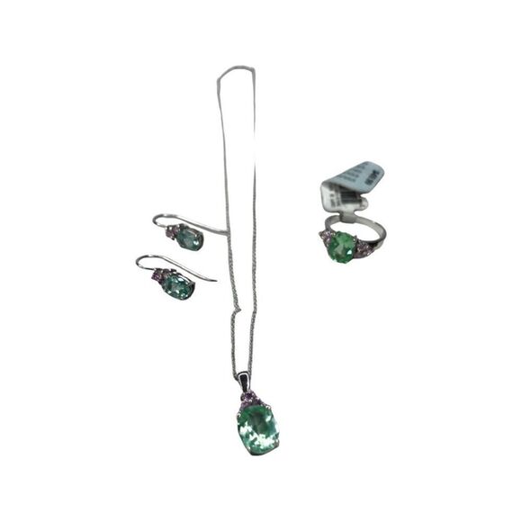 Sterling Silver Green Ice Pink CZ Ring (Size 8), 18”Necklace, Earrings Set - Picture 1 of 16